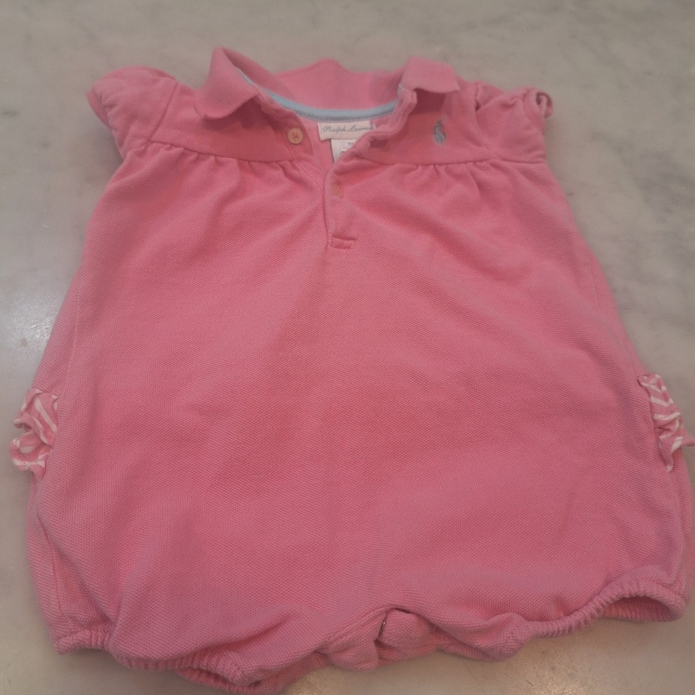 Ralph Lauren Polo Romper Baby Girl Sz 9M Pink Ruffle Piqué One Piece Bubble
